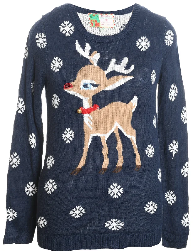 Reindeer Design Navy & White Knit Christmas Jumper - S