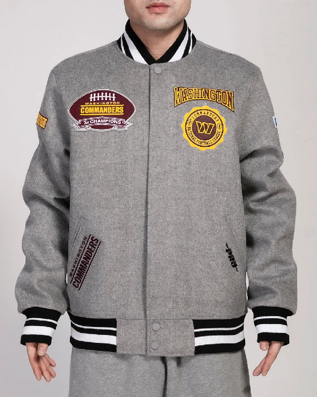 NFL WASHINGTON COMMANDERS CREST EMBLEM MEN'S RIB WOOL VARSITY JACKET (HEATHER GRAY/BLACK)