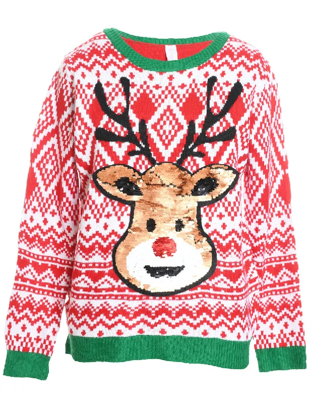 Reindeer Design Red & Green Knit Christmas Jumper - XL