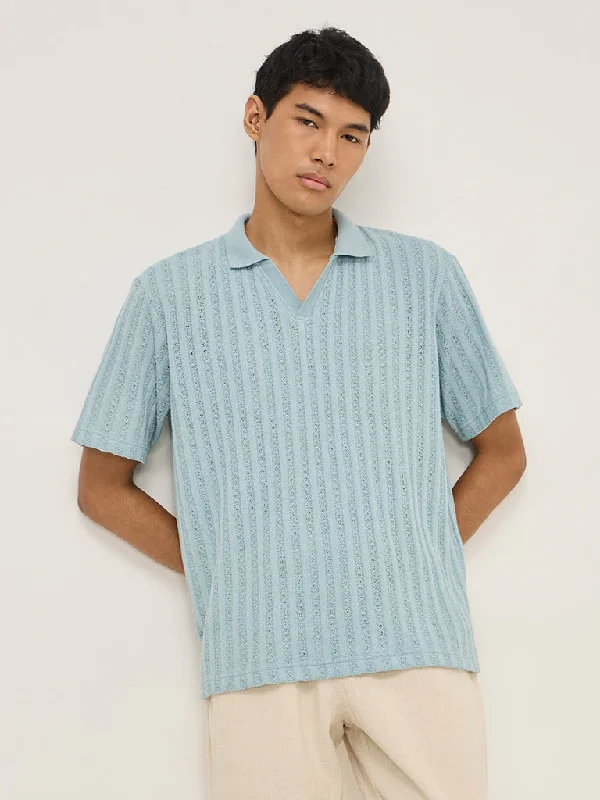 ETA Blue Knit-Textured Relaxed-Fit Polo T-Shirt