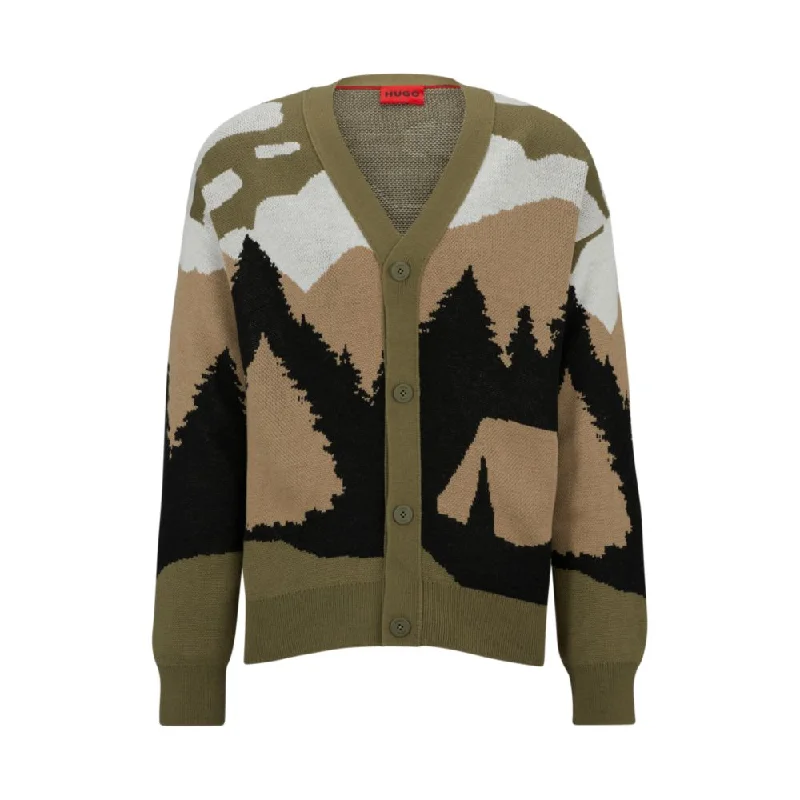 Oversized-fit cardigan with camping-inspired artwork