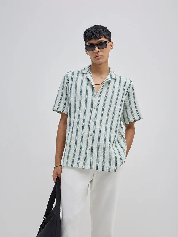 ETA Teal Stripe Printed Relaxed-Fit Cotton Shirt