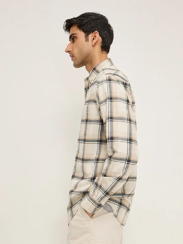 WES Casuals Beige Checkered Relaxed-Fit Cotton Shirt