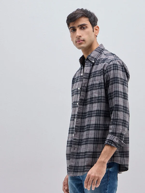 WES Casuals Grey Checkered Relaxed-Fit Cotton-Blend Shirt