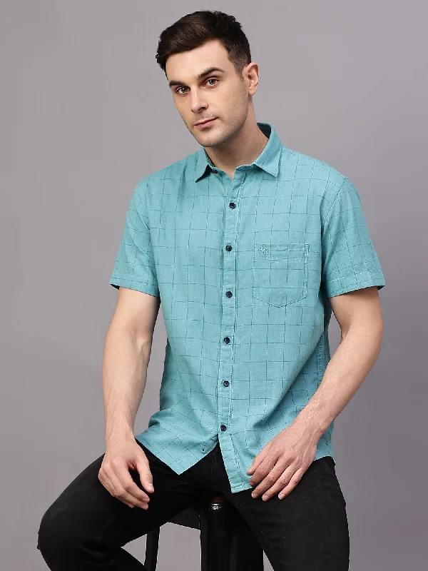 Men's Turquoise Casual Small Checks Half sleeve Shirt