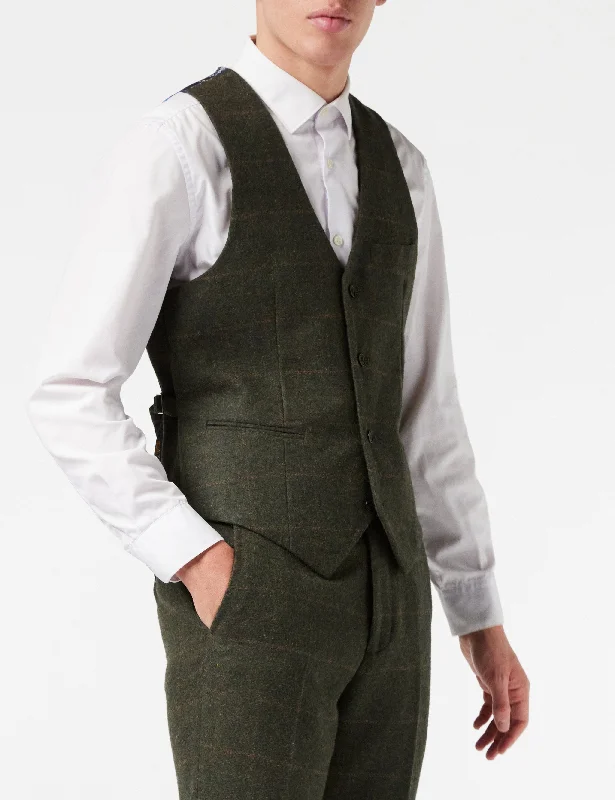 MENS HERRINGBONE TAN TWEED CHECK OLIVE GREEN PEAKY BLINDERS WAISTCOAT