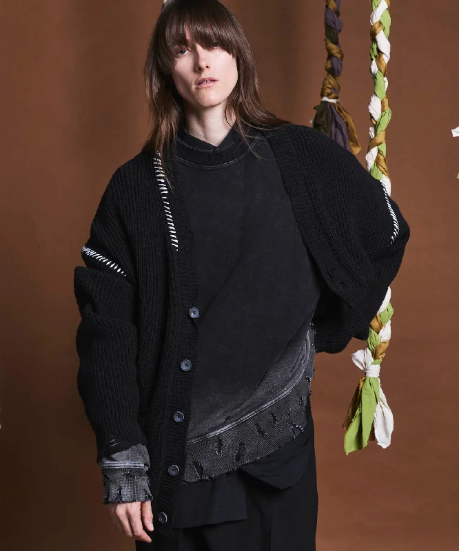 【SALE】Embroidery Damage Prime-Over V-Neck Knit Cardigan