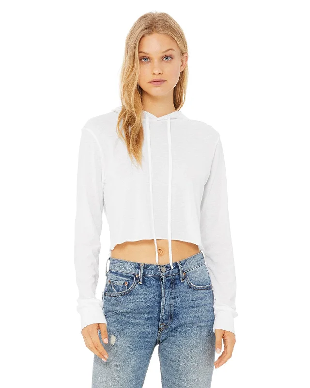 Bella+Canvas Ladie's Cropped Long Sleeve Hoodie T-Shirt | Solid Wht Trblnd