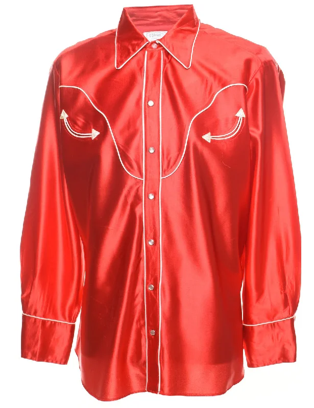 Red Shiny & Silky Embroidered Detail Western Shirt - L