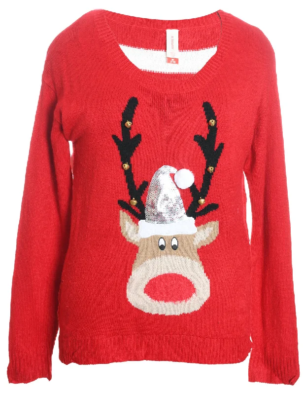 Reindeer Design Red Knit Christmas Jumper - M