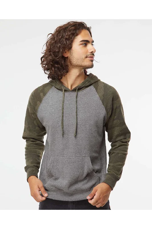 Independent Trading Co. Mens Special Blend Raglan Hooded Sweatshirt Hoodie w/ Pouch Pocket - Heather Nickel Grey/Forest Green Camo