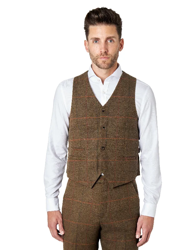 Jarvis - Brown Tweed Check Plain Waistcoat