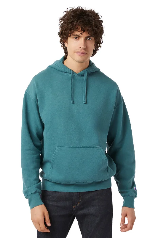 Weekend Offers That Sizzle Champion Mens Garment Dyed Shrink Resistant Hooded Sweatshirt Hoodie w/ Pouch Pocket - Cactus Green - Closeout