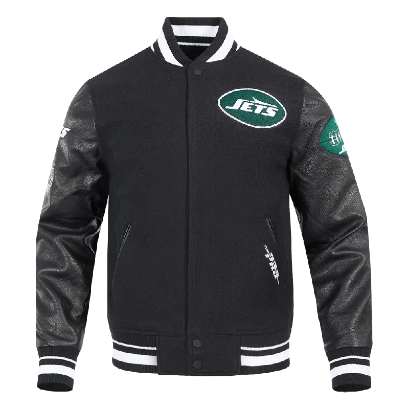 NFL NEW YORK JETS OLD ENGLISH MEN'S RIB WOOL VARSITY JACKET (BLACK)