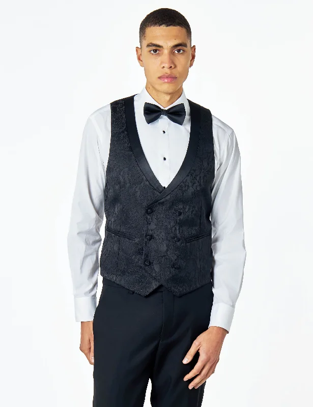 LOUIS – BLACK DAMASK PRINT TUXEDO WAISTCOAT