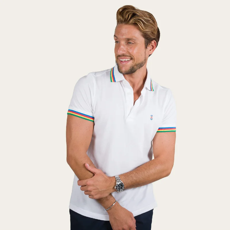 White Pique Polo Shirt With Multicoloured Tipping