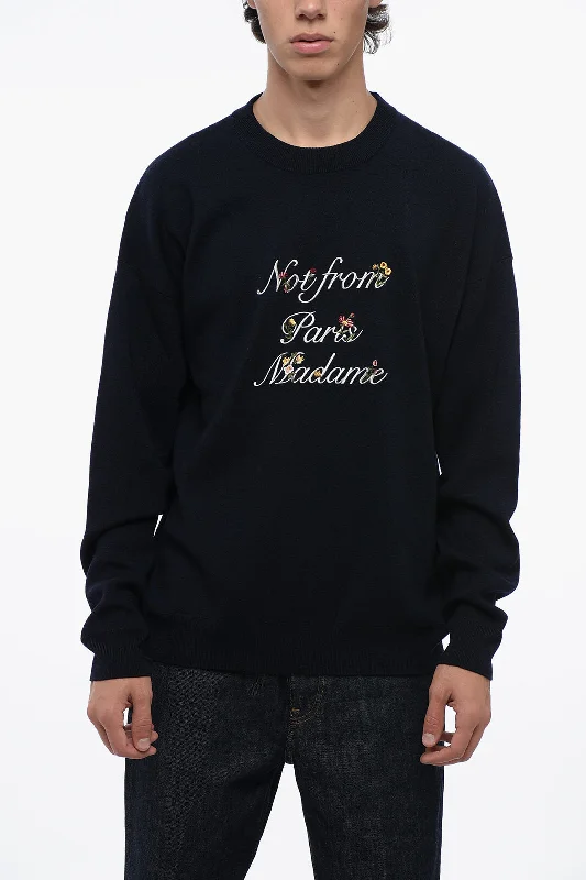 Drôle de Monsieur Merino Wool Crew-neck Sweater with Embroidery