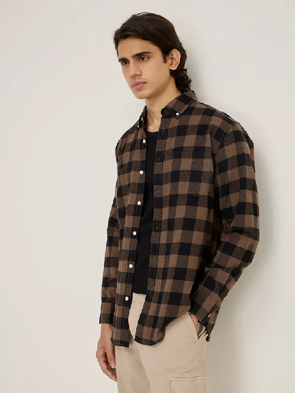 WES Casuals Brown Checkered Relaxed-Fit Shirt