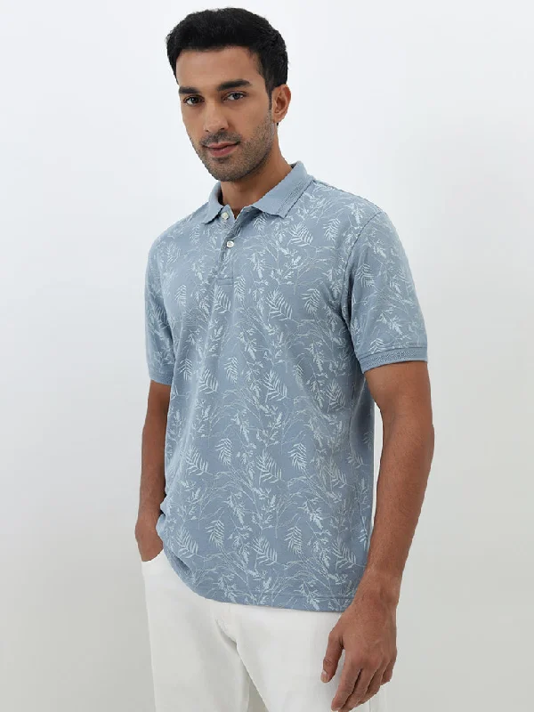 WES Casuals Dusty Blue Leaf Design Relaxed-Fit Polo T-Shirt