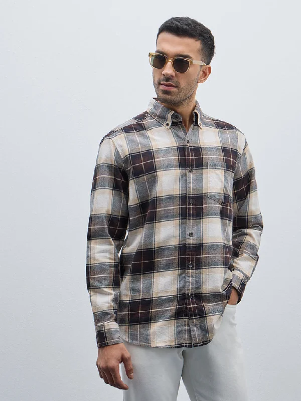 WES Casuals Brown Checkered Relaxed-Fit Cotton Shirt