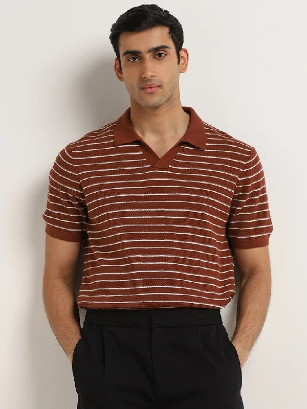 Ascot Rust Striped Textured Relaxed-Fit Polo Cotton T-Shirt