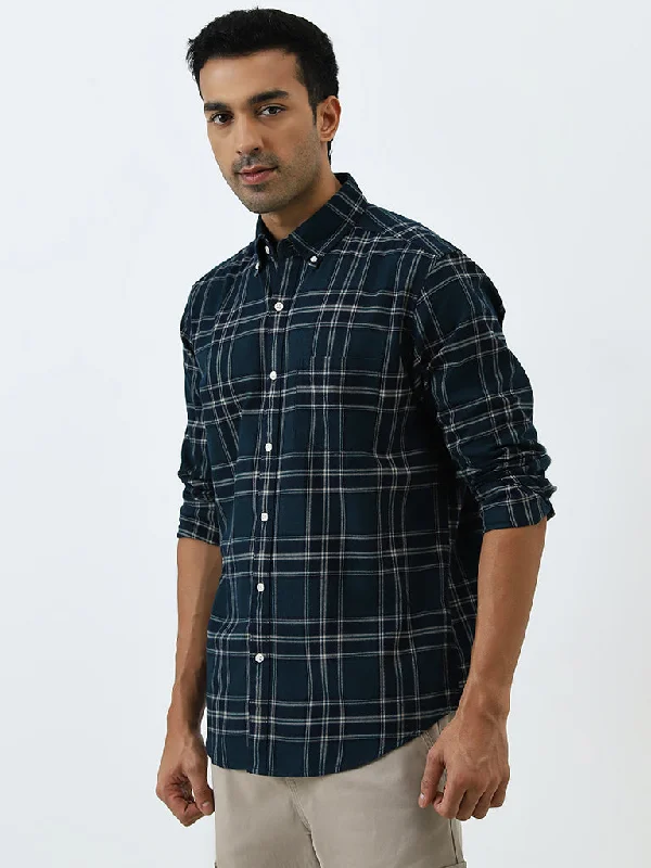 WES Casuals Dark Teal Plaid Relaxed-Fit Cotton Shirt