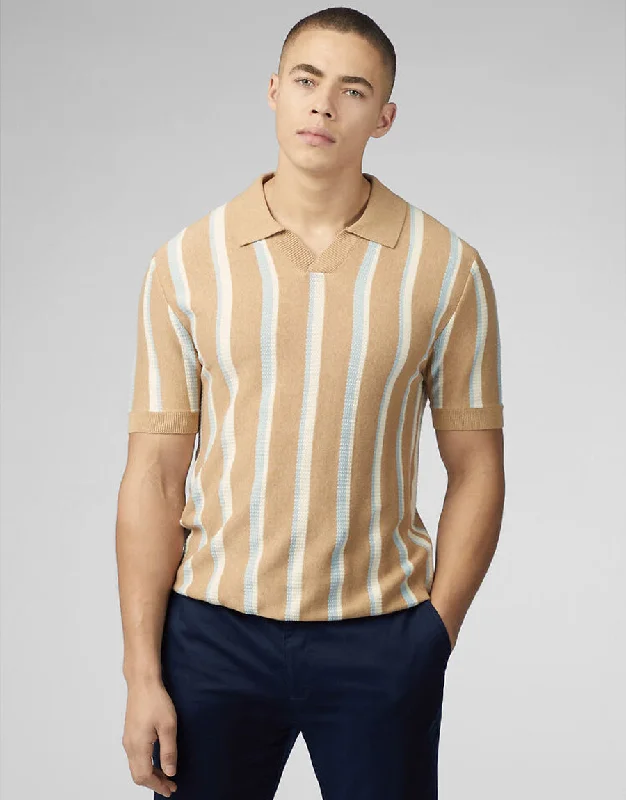 Ben Sherman Vertical Stripe Open Neck Stone Polo