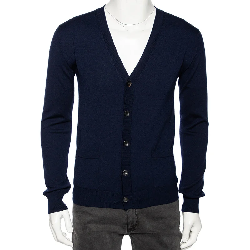 Roberto Cavalli Navy Blue Knit Pocketed Button Front Cardigan