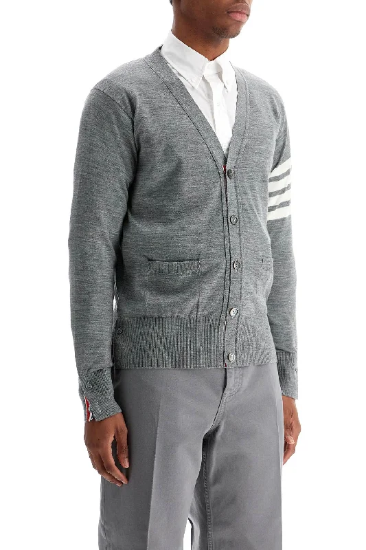 Thom Browne Men's Cardigan In Pale Grey Merino Wool With 4 White Stripes