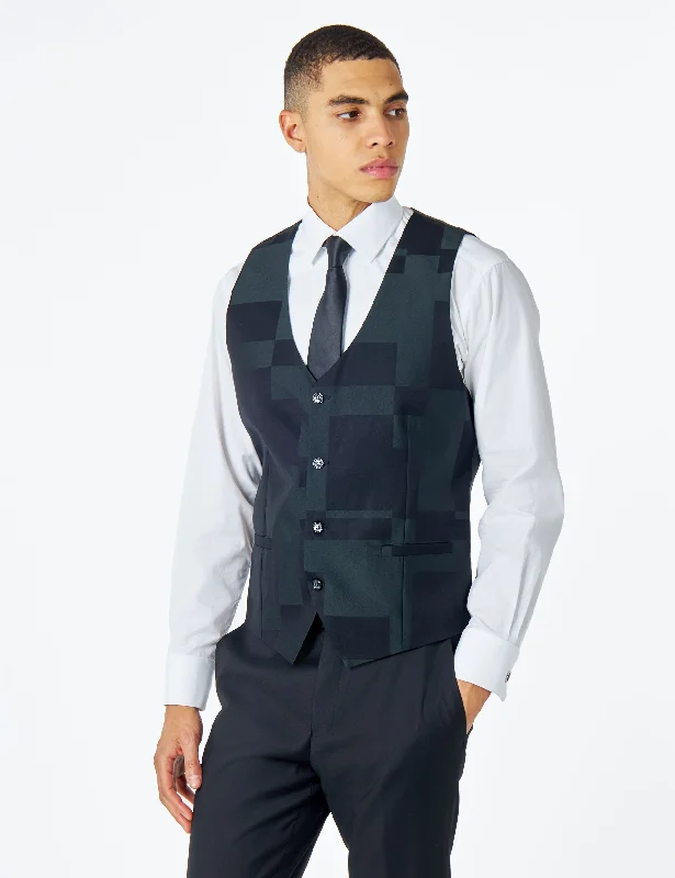 DARK GREEN SUIT WAISTCOAT GEO PATTERN DETAILED