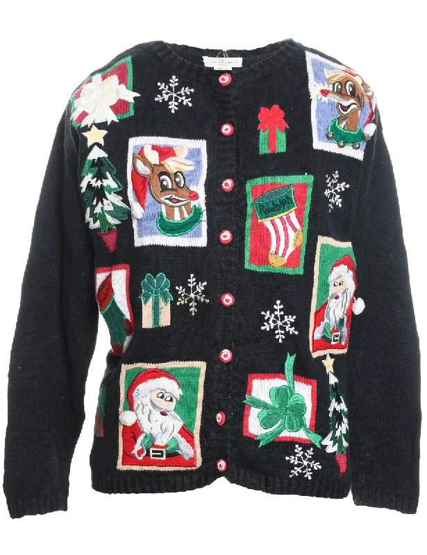 Santa Claus & Reindeer Design Black Knit Christmas Cardigan - M