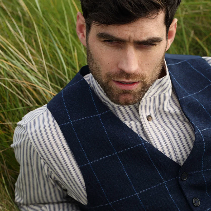 Blue Windowpane Checked Donegal Tweed Waistcoat