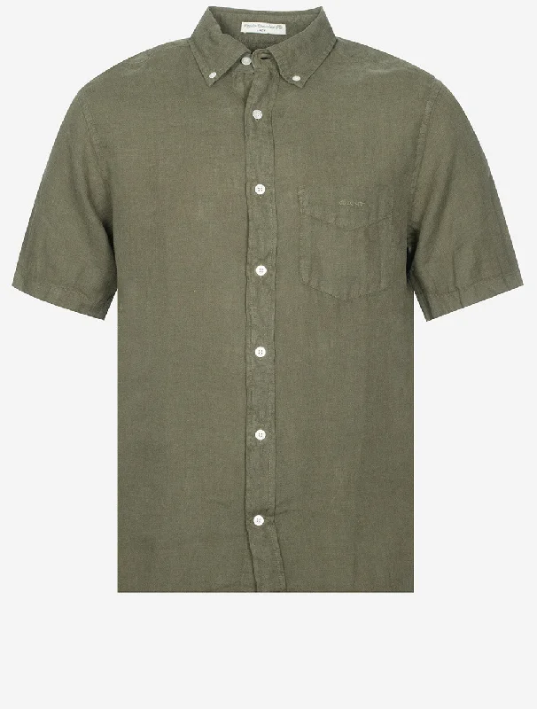 Regular Fit Garment Dyed Linen Short Sleeve Shirt Juniper Green