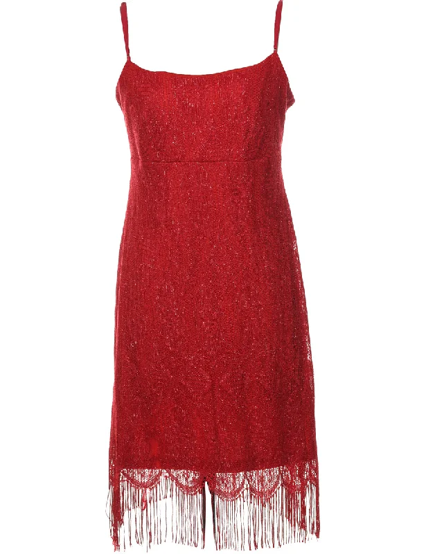 Red Sparkly 1990s Lace Strappy Evening Dress - M