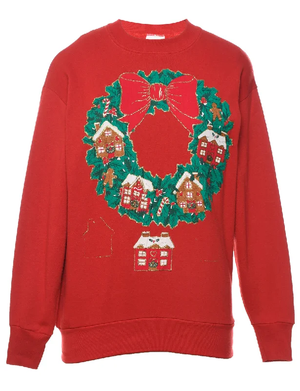 Red Sparkly Wreath Christmas Sweatshirt - L