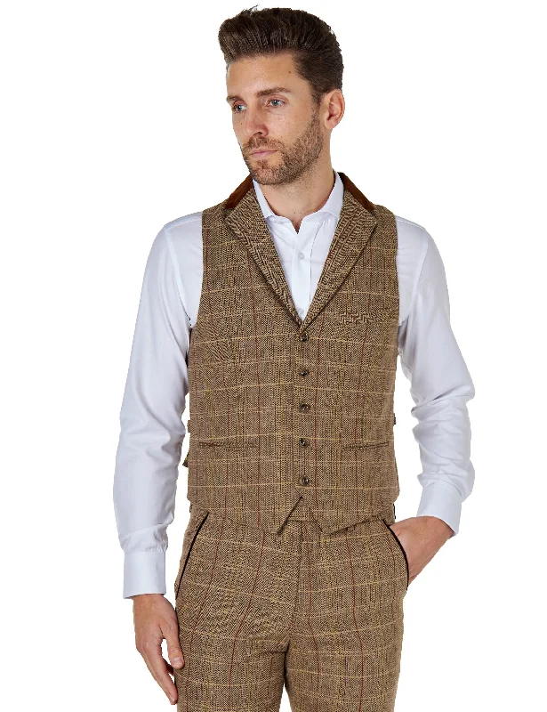 CARLO Tan Brown Tweed Check Waistcoat