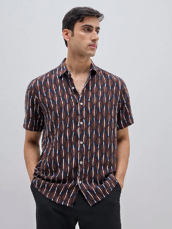 Ascot Brown Abstract Print Relaxed-Fit Blended Linen Shirt