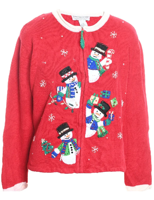 Red Snowman Design Embroidered Zip-Front Cardigan  - M