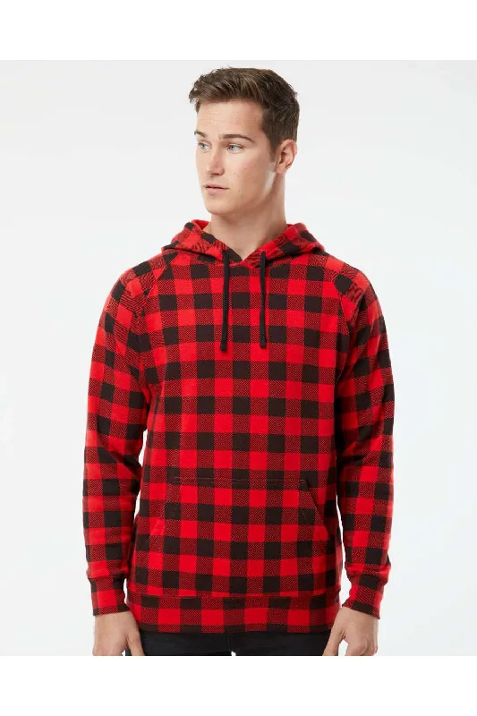 Independent Trading Co. Mens Special Blend Raglan Hooded Sweatshirt Hoodie w/ Pouch Pocket - Red Buffalo Plaid