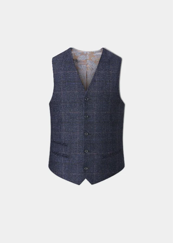 Surrey Men's Tweed Lined Country Waistcoat In Navy Check - Regular Fit