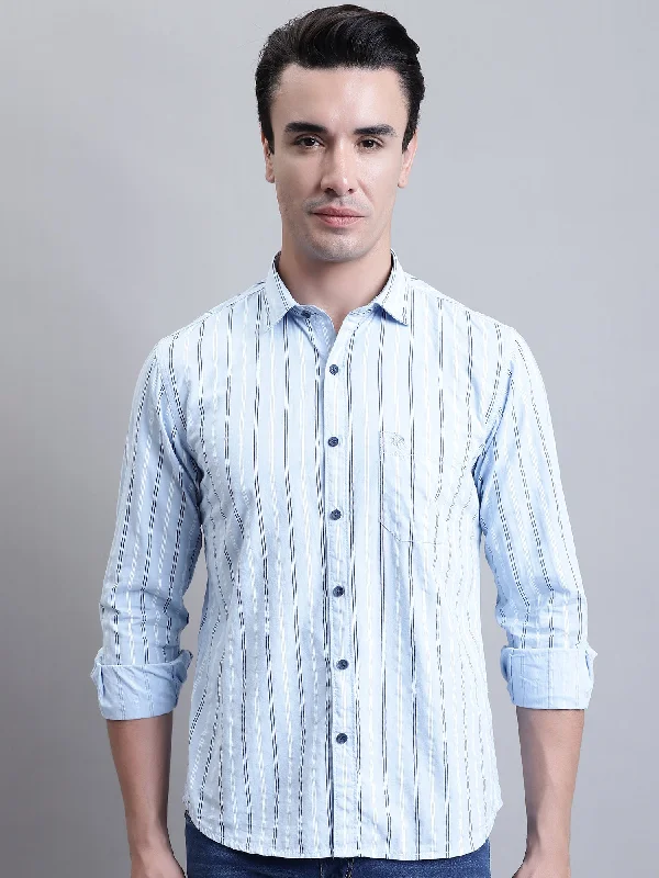 Men's Light Blue Casual Stripe Print Full Sleeve Shirt