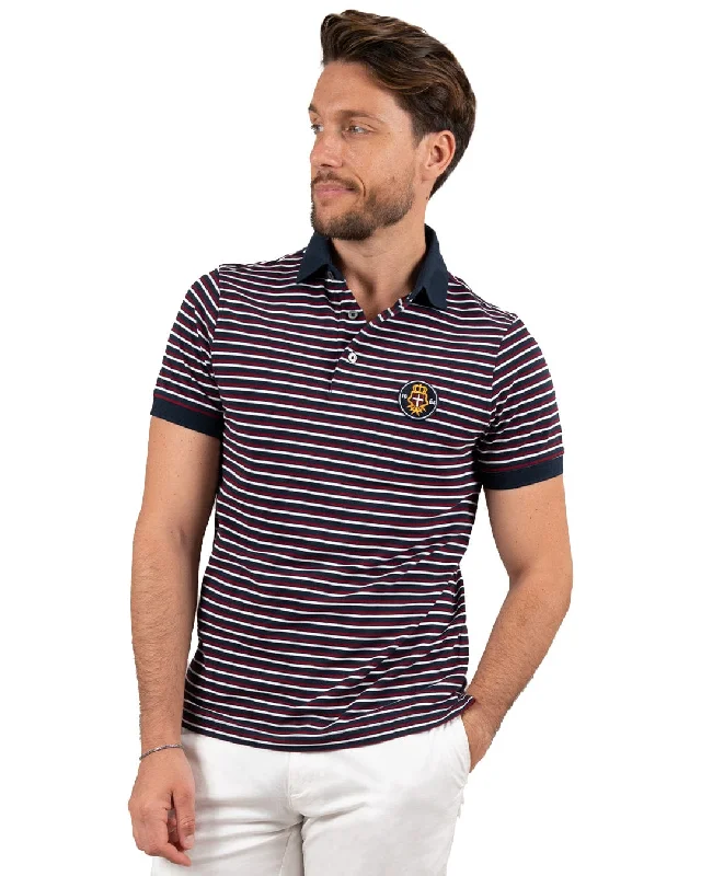 Navy Striped Pique Polo Shirt With Badge