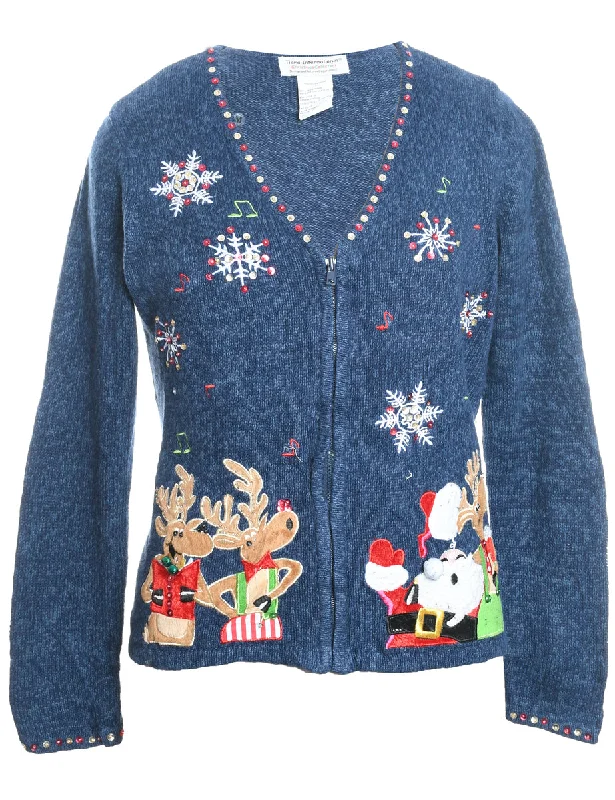 Santa Claus & Reindeer Navy Embroidered Zip-Front Christmas Cardigan - M