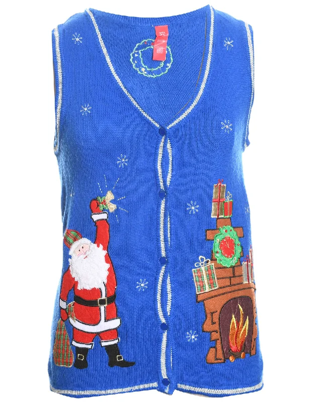 Santa Claus & Reindeer Blue Knit Christmas Vest - S