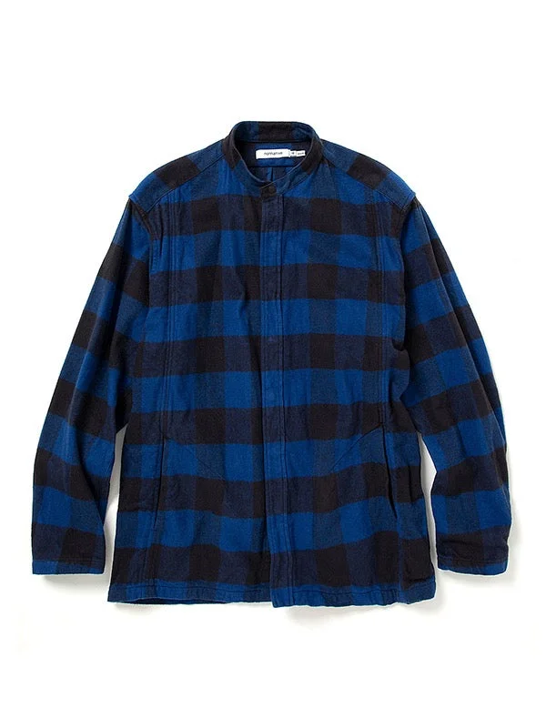 OFFICER STAND COLLAR SHIRT COTTON FLANNEL BLOCK CHECK