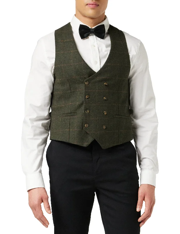 JUDE TWEED CHECK DOUBLE BREASTED GREEN WAISTCOAT