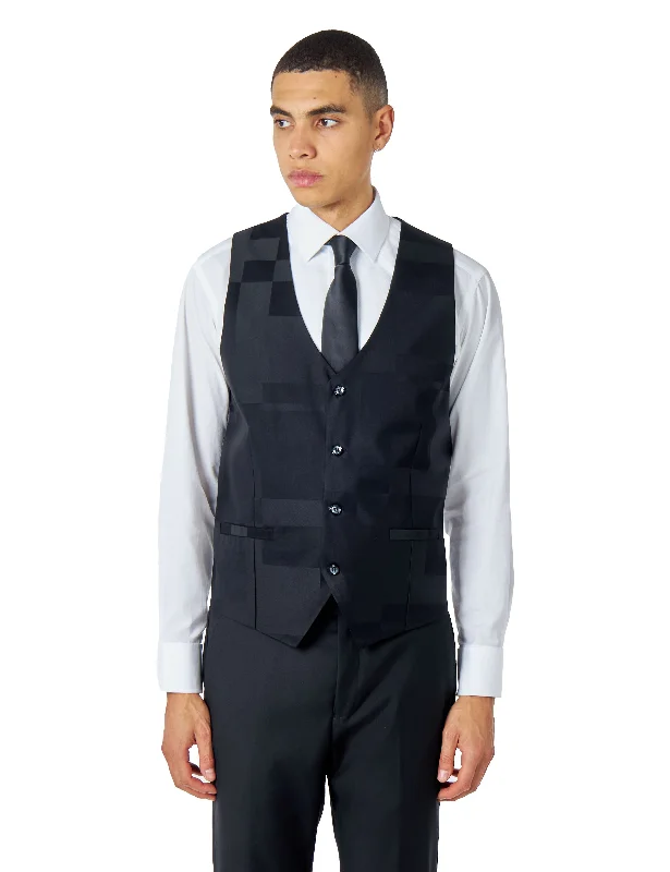 BLACK SUIT WAISTCOAT GEO PATTERN DETAILED