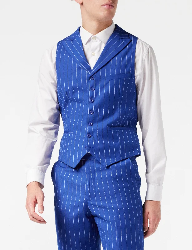 MENS WIDE CHALK STRIPE ROYAL BLUE CLASSIC RETRO FIT WAISTCOAT