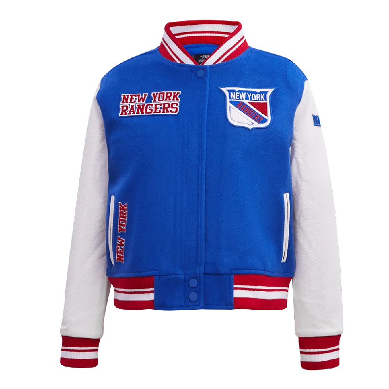 NHL NEW YORK RANGERS RETRO CLASSIC WOMEN'S RIB WOOL VARSITY JACKET (ROYAL BLUE/RED)