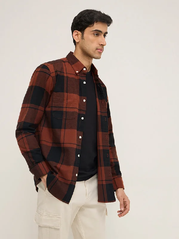 WES Casuals Brown Checkered Relaxed-Fit Cotton Shirt